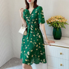 Digital Print Green Satin Silk Dress Long for Womens