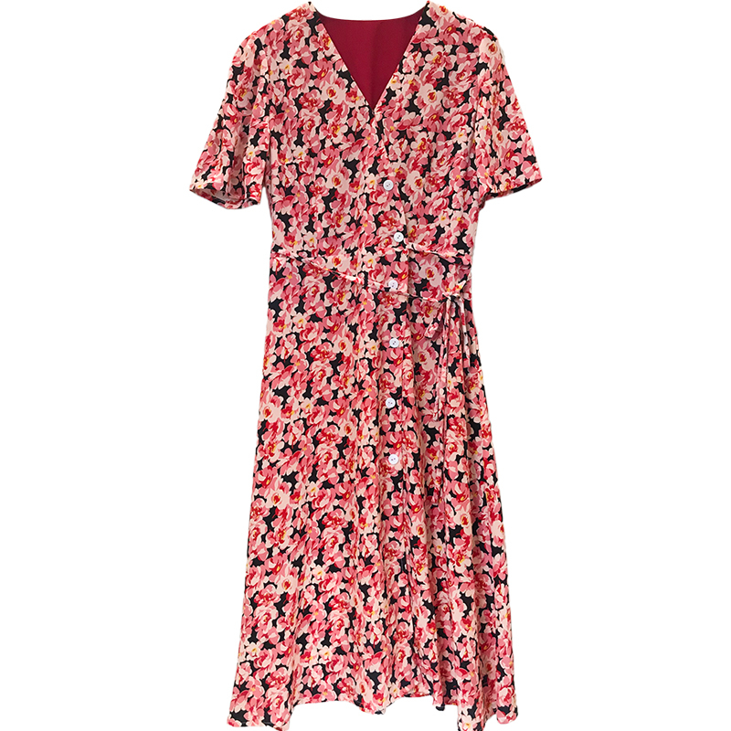 Pink Print V Neck Silk Wrap Dress