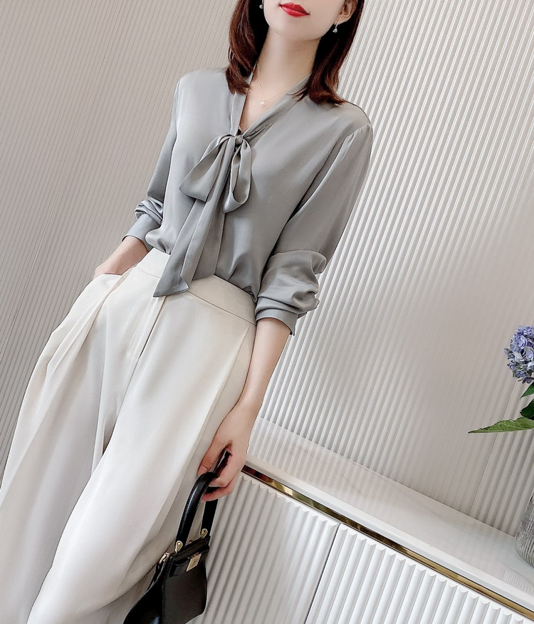 Washable Silk Grey Tie Blouse for woman
