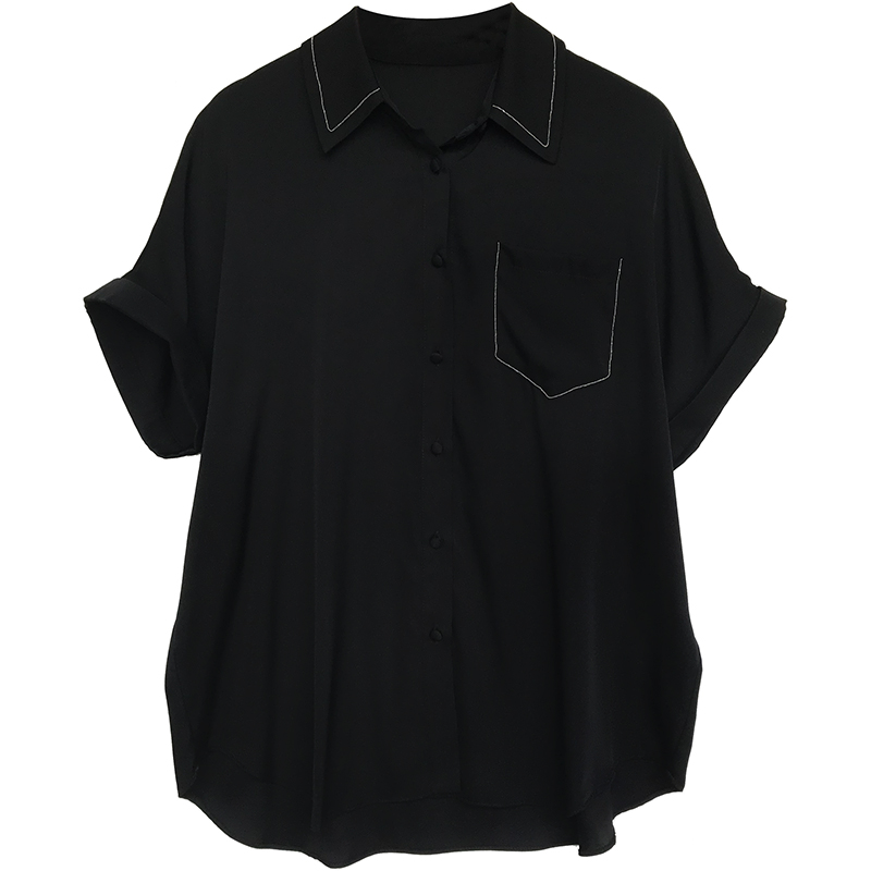 Black Short Bat Sleeve Plus Size Heavy Silk Shirt