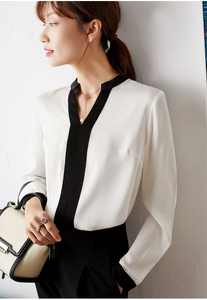 Pure Silk Black And White Woman Blouses with Long Sleeves
