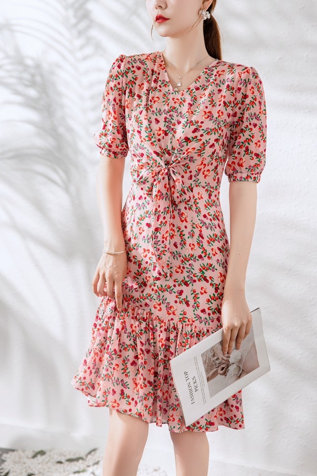  Pure Crepe De Chine Silk Tea Dress Uk with Short Sleeve in Floral Print