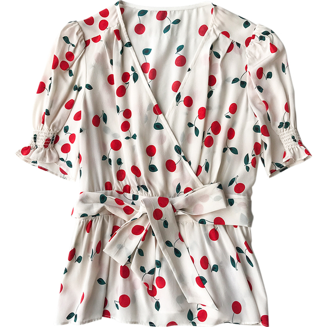 Mulberry Short Sleeve Designer V Neck Silk Blouses for Girls